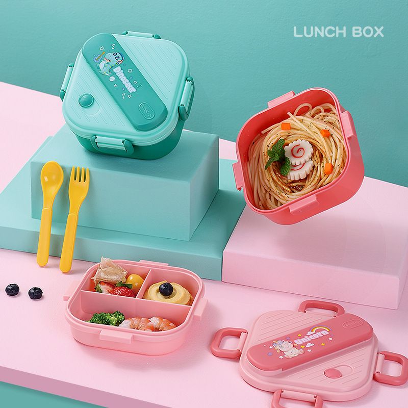 Cartoon Student Compartment Plastic Lunch Box with Spoon and Fork Kids Lunch Bento Box Outdoor Portable Travel Food Container