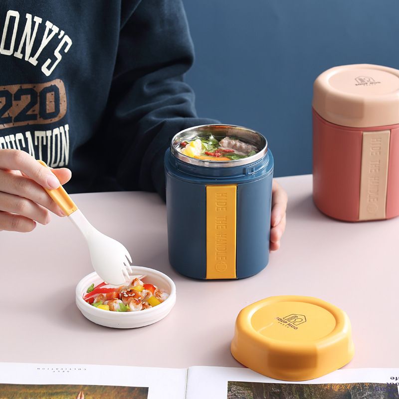 Creative Color Block Student Stainless Steel Soup Cup with Spoon Office Worker Bento Portable