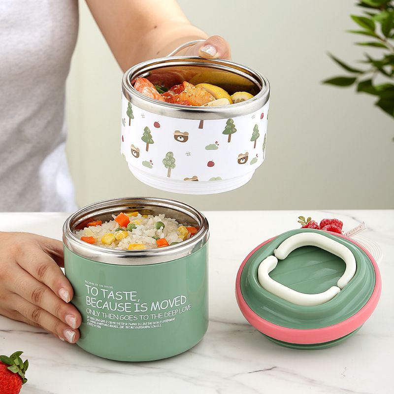 Student Minimalist Double-Layer 304 Stainless Steel Round Bucket Lunch Box Office Worker Lunch Bento Box Portable Food Container