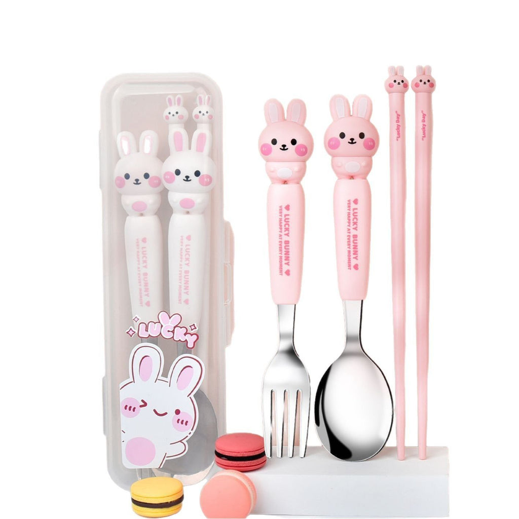 Cartoon Rabbit Student Spoon, Fork and Chopsticks 3-Piece Set with Box Kids Portable Eating Tableware Set Gift