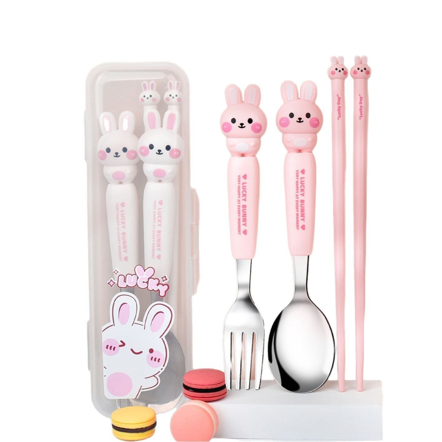 Cartoon Rabbit Student Spoon, Fork and Chopsticks 3-Piece Set with Box Kids Portable Eating Tableware Set Gift
