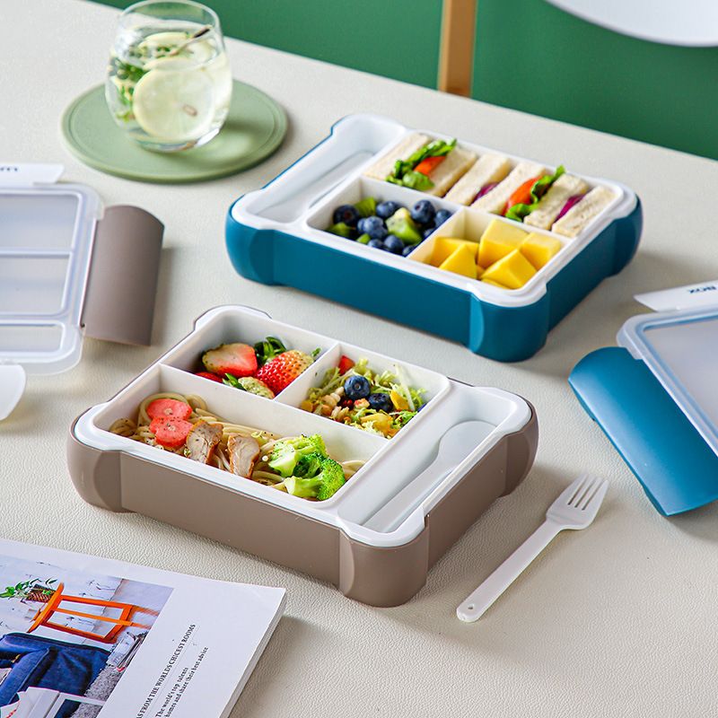 Minimalist Student Compartment Plastic Lunch Box Microwave Safe Office Worker Lunch Bento Box Large Capacity with Spoon and Fork
