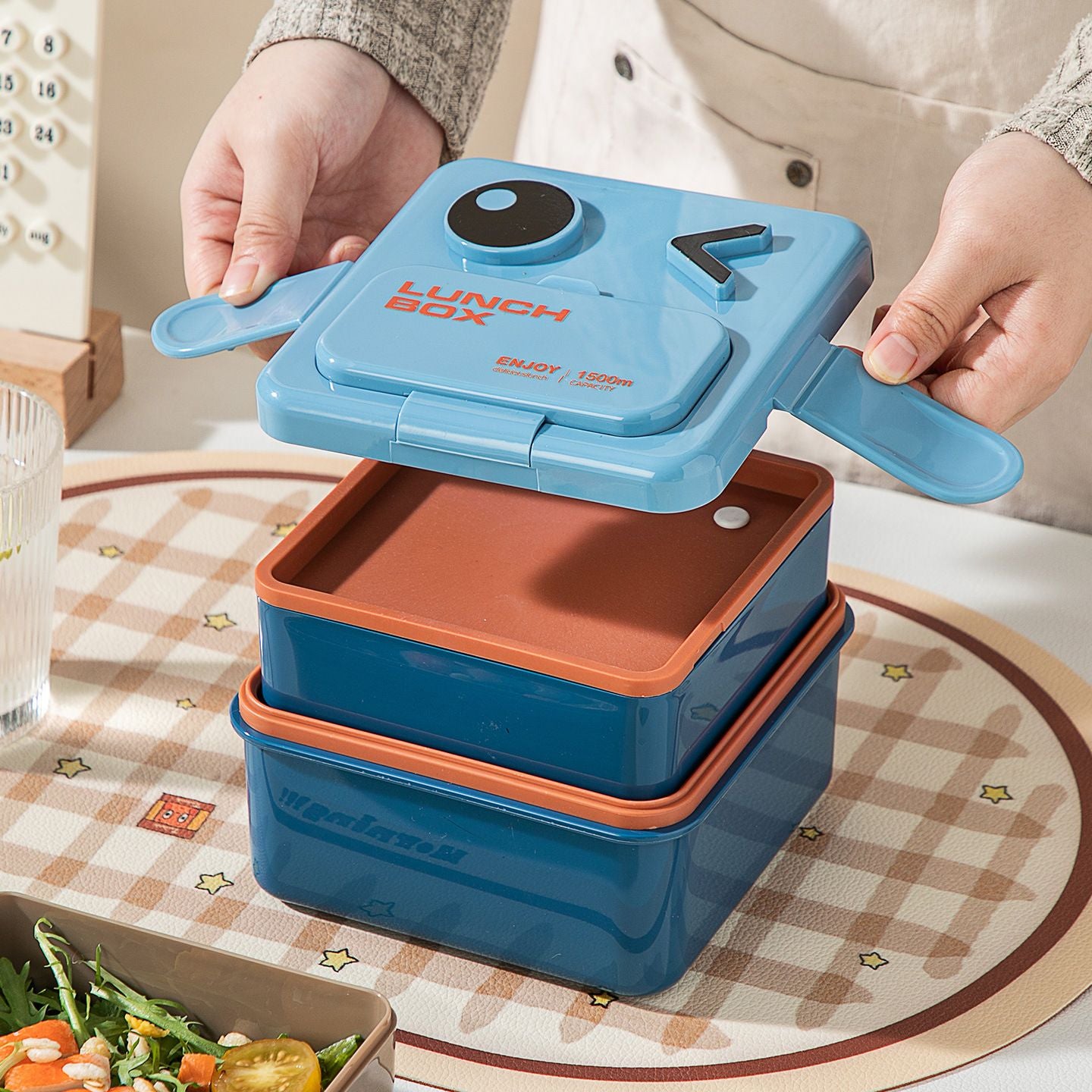Creative Double-Layer Kids Lunch Box Storage Food Container Student Square Microwave Safe Lunch Bento Box with Lid