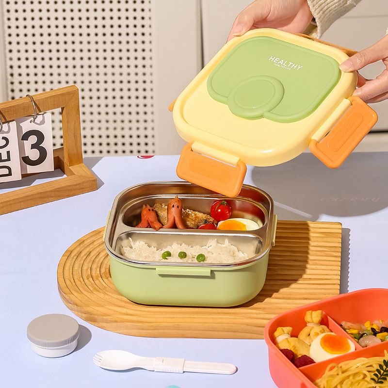Student Minimalist Square 304 Stainless Steel Compartment Lunch Box Office Worker Portable Bento Box