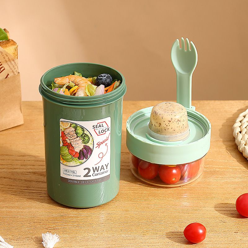 Minimalist Student Oatmeal Cup with Lid Spoon Portable Light Double-Layer Plastic Salad Cup Sauce Box