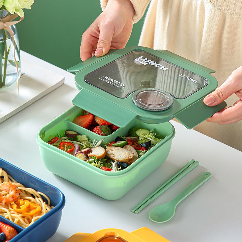 Student Korean Style Compartment Plastic Lunch Box Office Worker Lunch Bento Box Travel Food Container with Cutlery