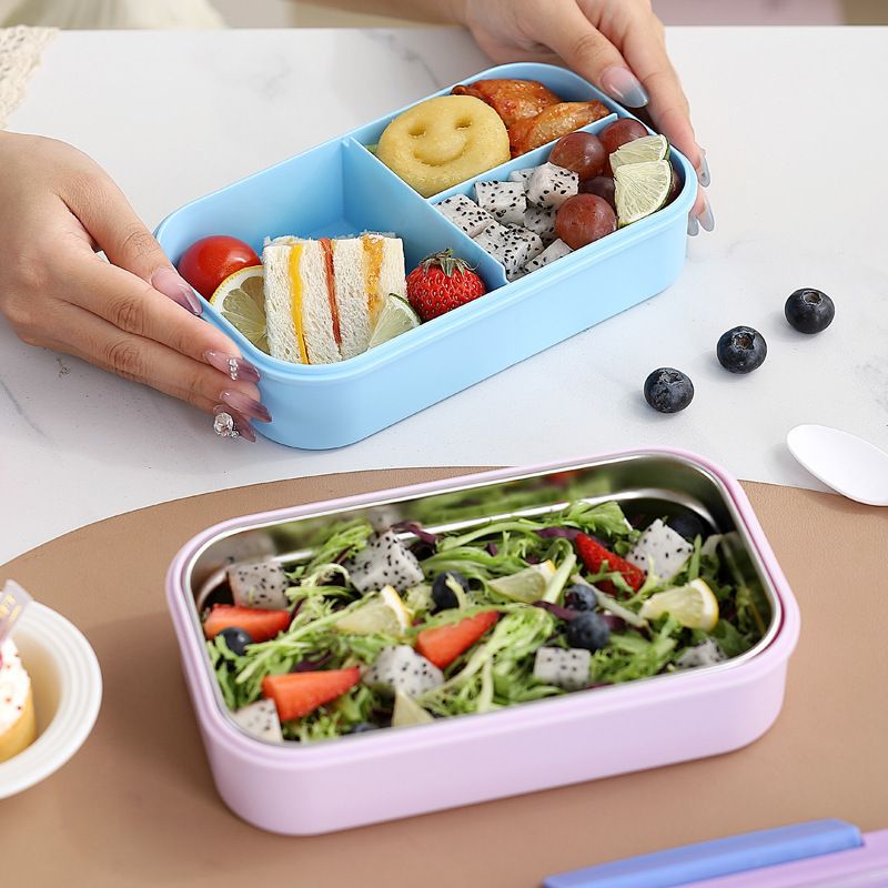 Student 304 Stainless Steel Lunch Box Office Worker Buckle Lunch Bento Box Plastic Food Container Compartment Spoon and Fork Cutlery