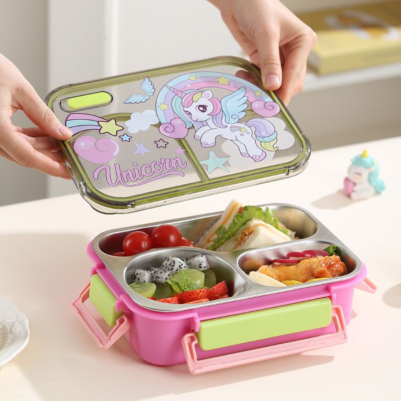 Student Cartoon Dinosaur 304 Stainless Steel Compartment Lunch Box Kids Takeout Lunch Bento Box Large Capacity with Cutlery