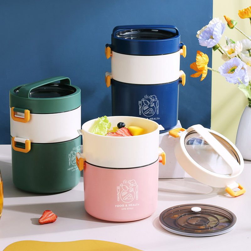 Student Round Plastic Lunch Box Microwave Safe Office Worker Portable Round Bucket Lunch Bento Box
