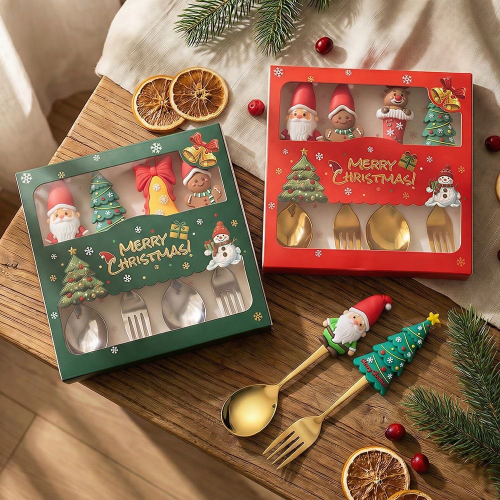 Cartoon New Christmas Spoon and Fork Tableware Set Santa Claus Reindeer Spoon Dessert Spoon 4 pcs Set Gift Box