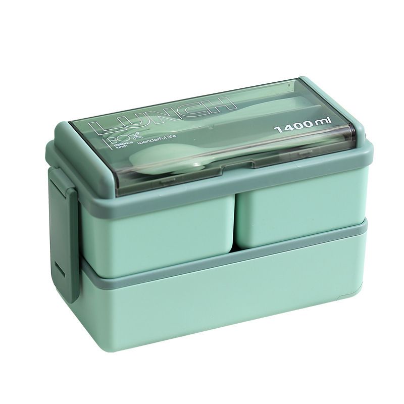 Minimalist Multi-Layer Compartment Office Worker Microwave Safe Heating Lunch Box Japanese Style Double-Layer Bento Box with Spoon and Fork Tableware