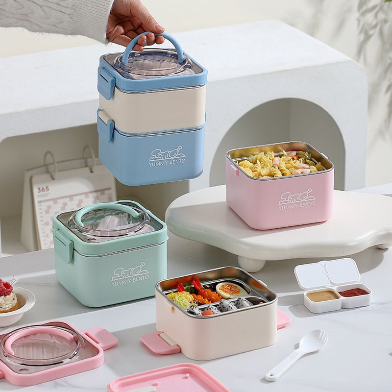 Student Square Double-Layer 304 Stainless Steel Compartment Lunch Box Office Worker Lunch Bento Box with Handle Portable Food Container