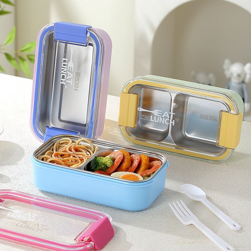 Student 304 Stainless Steel Compartment Lunch Box Office Worker Portable Lunch Bento Box Dorm Takeout Food Container with Spoon and Fork