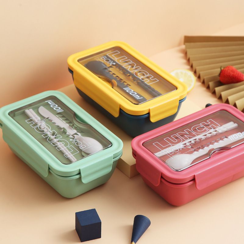 Plastic Lunch Box Japanese Style Bento Box Minimalist Student Compartment Lunch Box with Spoon and Chopsticks Custom Print Logo