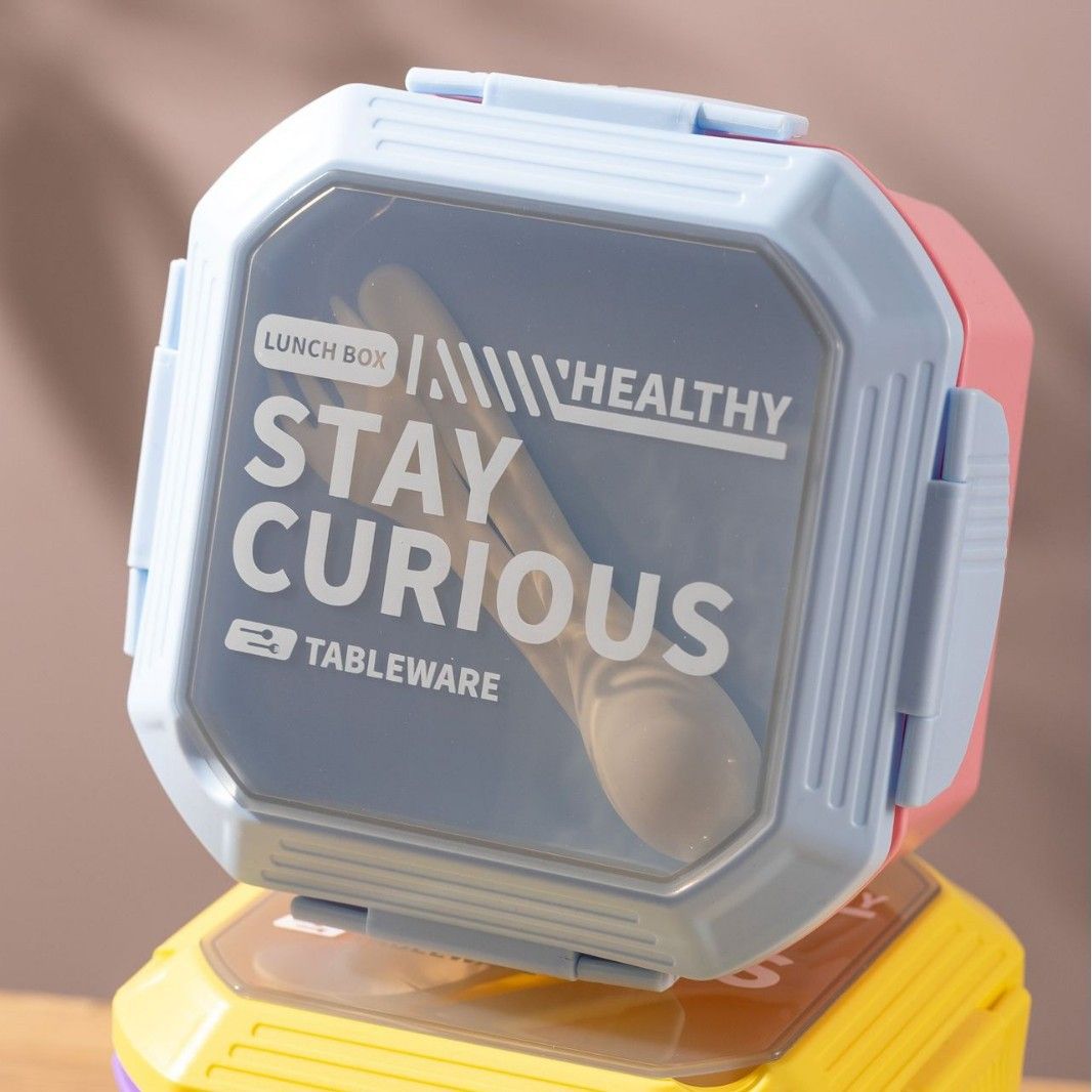 Student Fresh Square Buckle Double-Layer Lunch Box Office Worker Takeout PP Food Container Lunch Bento Box with Lid Spoon and Fork