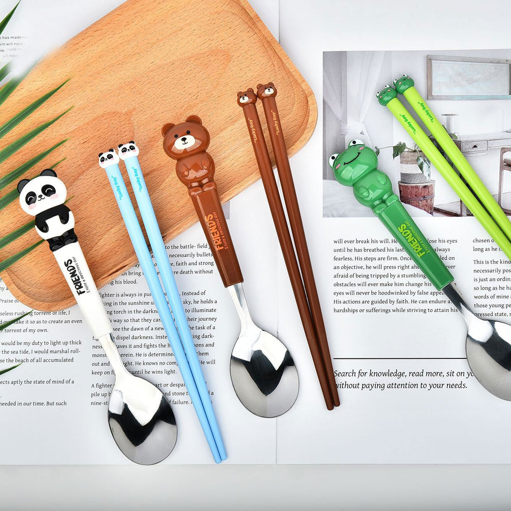 Little Pig Frog Kids Cartoon Stainless Steel Tableware Set Student Travel Portable Spoon Chopsticks 2-Piece Set with Box
