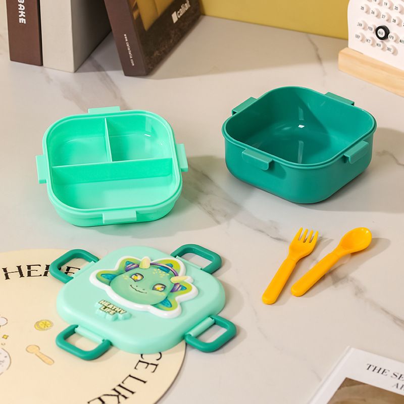 Kids Cartoon Cute and Fun Square Double-Layer PP Plastic Lunch Box with Cutlery Student Lunch Bento Box with Lid Microwave Safe
