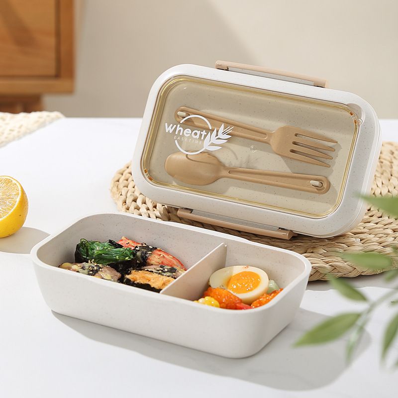 Student Compartment Wheat Lunch Box Microwave Safe Heating Office Worker Lunch Bento Box with Cutlery Water Cup Set