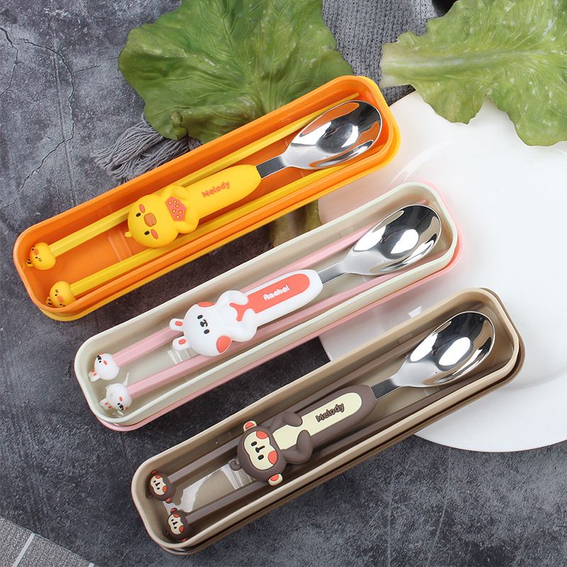 Cartoon Rabbit 304 Stainless Steel Kids Tableware Set Student Travel Portable Spoon and Chopsticks 2-Piece Set Gift Logo