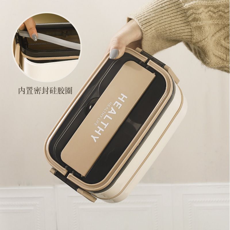 Japanese Style Student 304 Stainless Steel Double-Layer Lunch Box with Handle Office Worker Cafeteria Takeout Lunch Bento Box with Spoon and Chopsticks