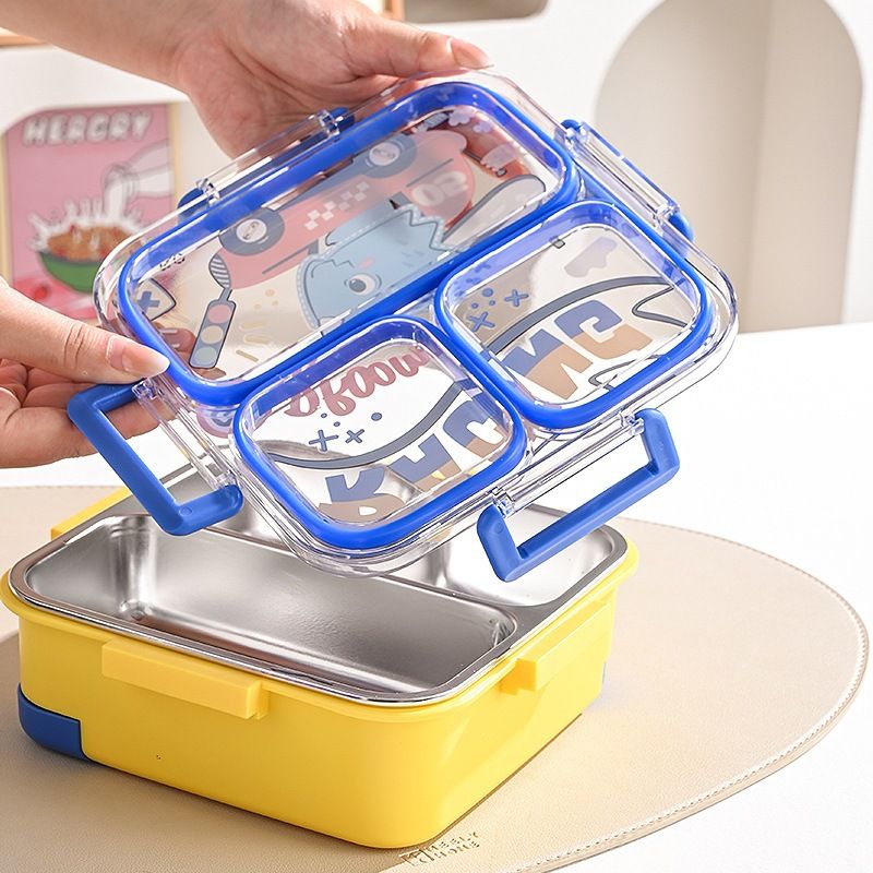 Student Cartoon Stainless Steel Compartment Lunch Box Large Capacity Square Lunch Bento Box Dopamine Food Container