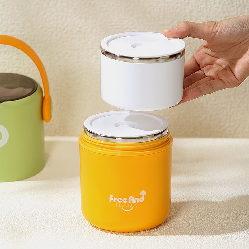 Creative Student 304 Stainless Steel Bento Box Lunch Box with Handle Office Worker Double-Layer Food Container Round Bucket Porridge Jar