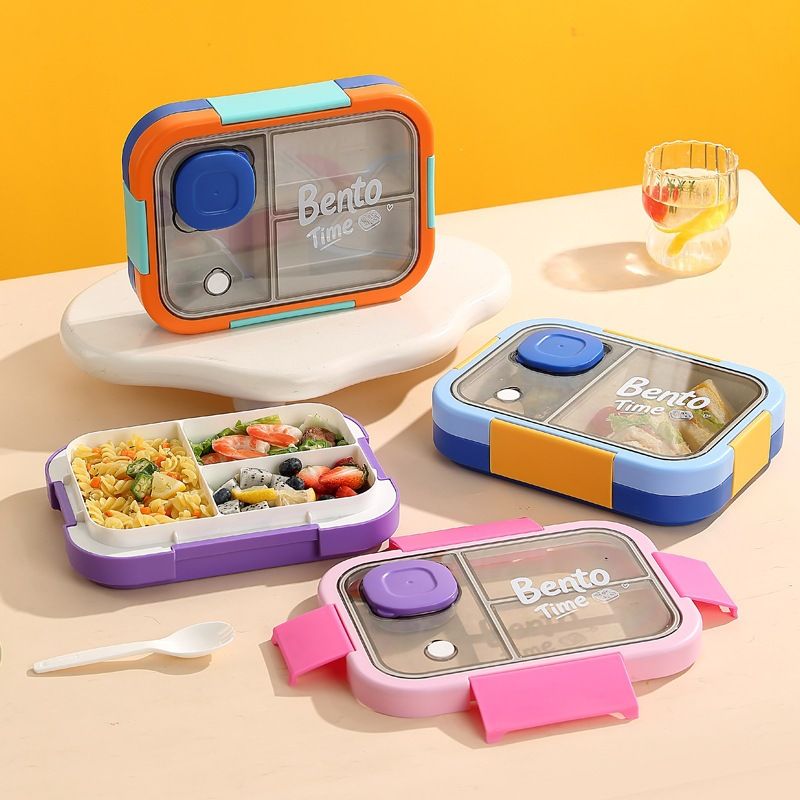 Korean Style Student Compartment Plastic Lunch Box with Cutlery Sauce Box Microwave Safe Minimalist Bento Box