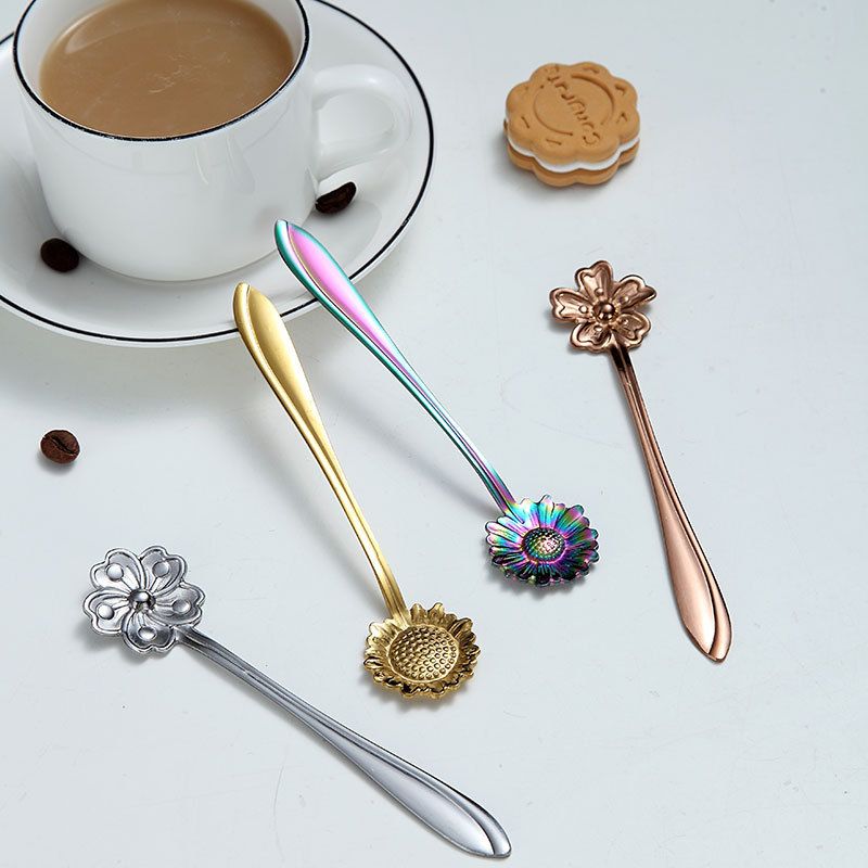 Creative 304 Stainless Steel Flower Shape Coffee Spoon Japanese Style Tableware Petal Spoon Coffee Spoon Stirring Flower Pattern Dessert Spoon