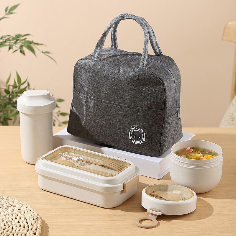 Student Wheat Lunch Box Milk Cup Office Worker Portable Lunch Bento Box with Cutlery Soup Cup Set
