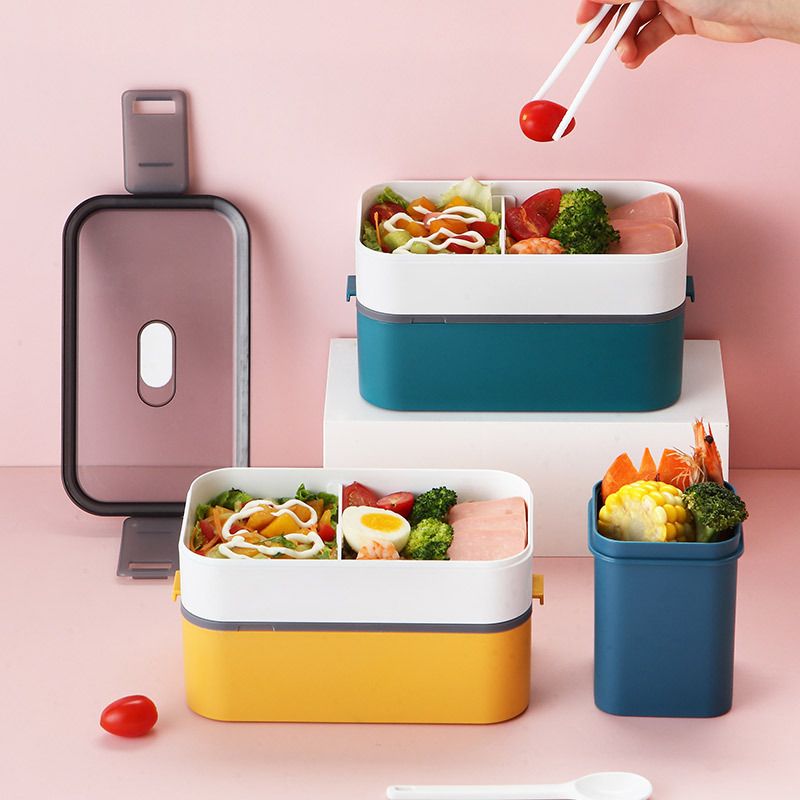 Student Japanese Style Square Double-Layer Plastic Lunch Box Microwave Safe Office Worker Lunch Bento Box Light Food Container