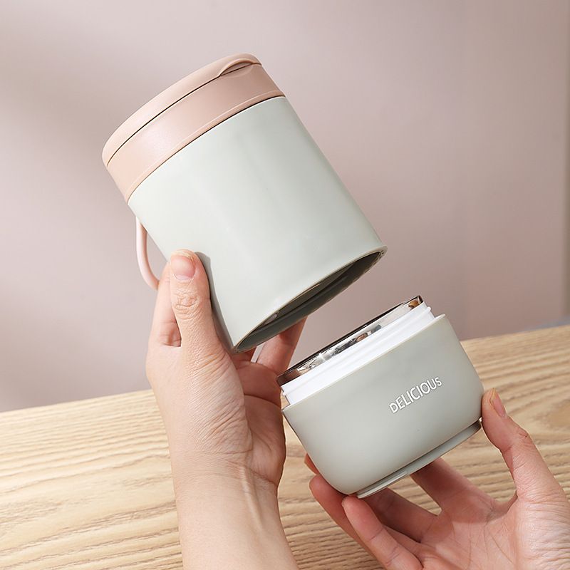 Student Cereal Tumbler Cup Office Worker 304 Stainless Steel Porridge Jar Soup Cup Double-Layer Large Capacity with Spoon Portable