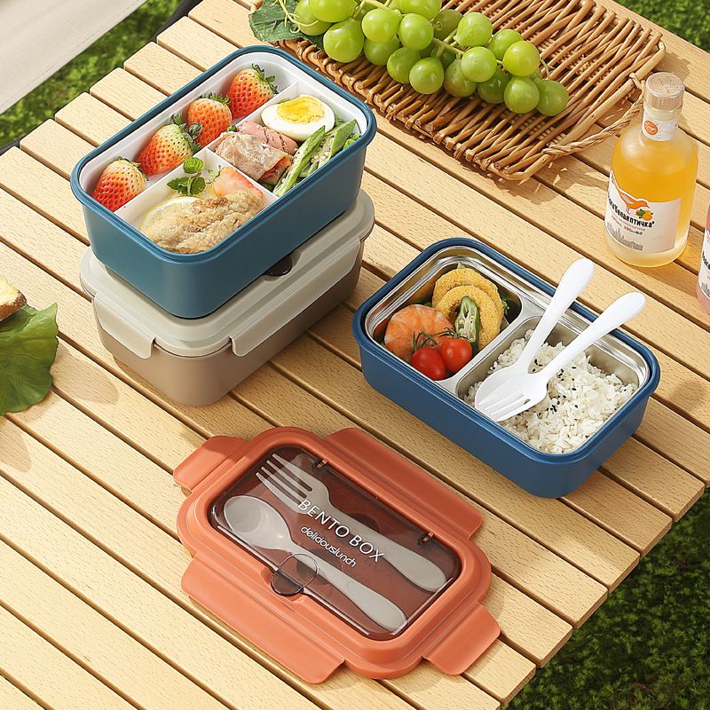 Nordic PP Light Bento Box 304 Stainless Steel Compartment Lunch Box with Spoon and Fork Microwave Safe Lunch Box
