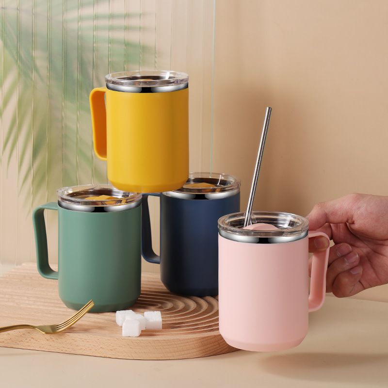 304 Stainless Steel Double-Layer Mug with Lid Office Tumbler Cup Student Milk Cup Gift