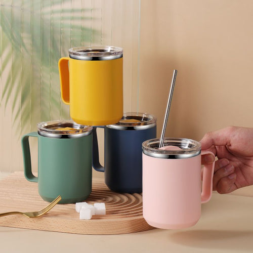 304 Stainless Steel Double-Layer Mug with Lid Office Tumbler Cup Student Milk Cup Gift