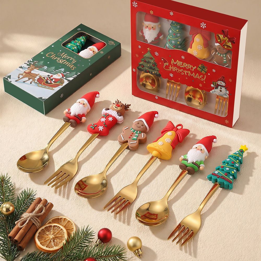 Cartoon New Christmas Spoon and Fork Tableware Set Santa Claus Reindeer Spoon Dessert Spoon 4 pcs Set Gift Box