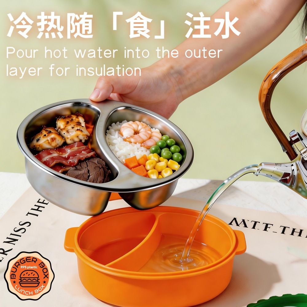 Student Cartoon 304 Stainless Steel Burger Lunch Box Sauce Box Office Worker Round Lunch Bento Box with Cutlery