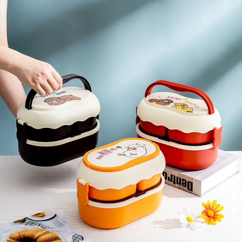 Cartoon Student Double-Layer Compartment Lunch Box Office Worker Large Capacity Microwave Safe Lunch Bento Box Spoon and Chopsticks Cutlery