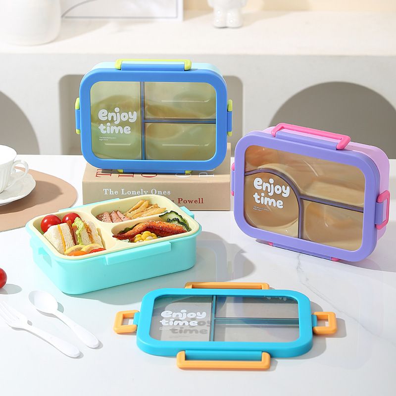 Minimalist Buckle Compartment Plastic Lunch Box Office Worker Lunch Bento Box with Lid Microwave Safe with Spoon and Fork