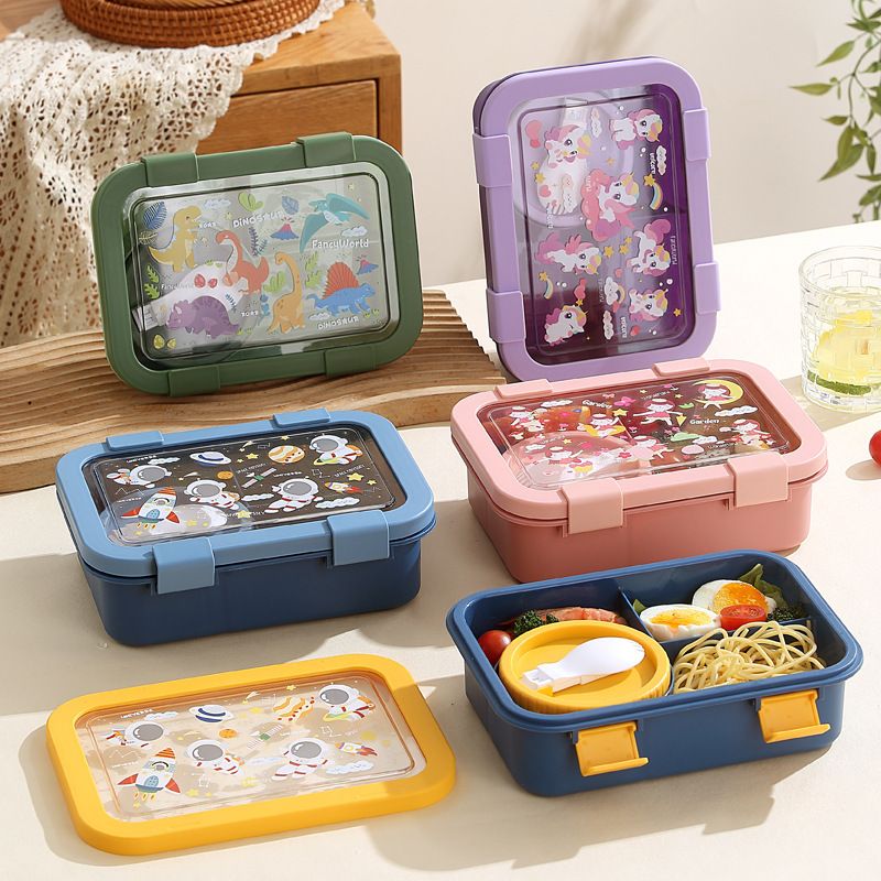 Student Cartoon Compartment Plastic Lunch Box Soup Bowl Office Worker Microwave Safe Lunch Bento Box with Cutlery
