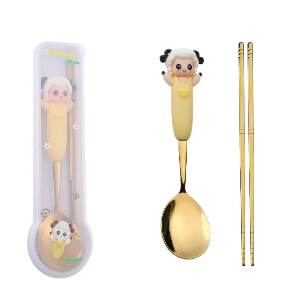 Cartoon Kids Stainless Steel Spoon and Chopsticks Cutlery Chinese Zodiac Spoon Student Tableware with Transparent Box Portable