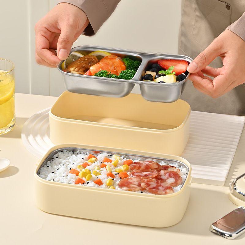 Student 304 Stainless Steel Double-Layer Buckle Lunch Box Office Worker Compartment Lunch Bento Box with Spoon and Chopsticks Food Container