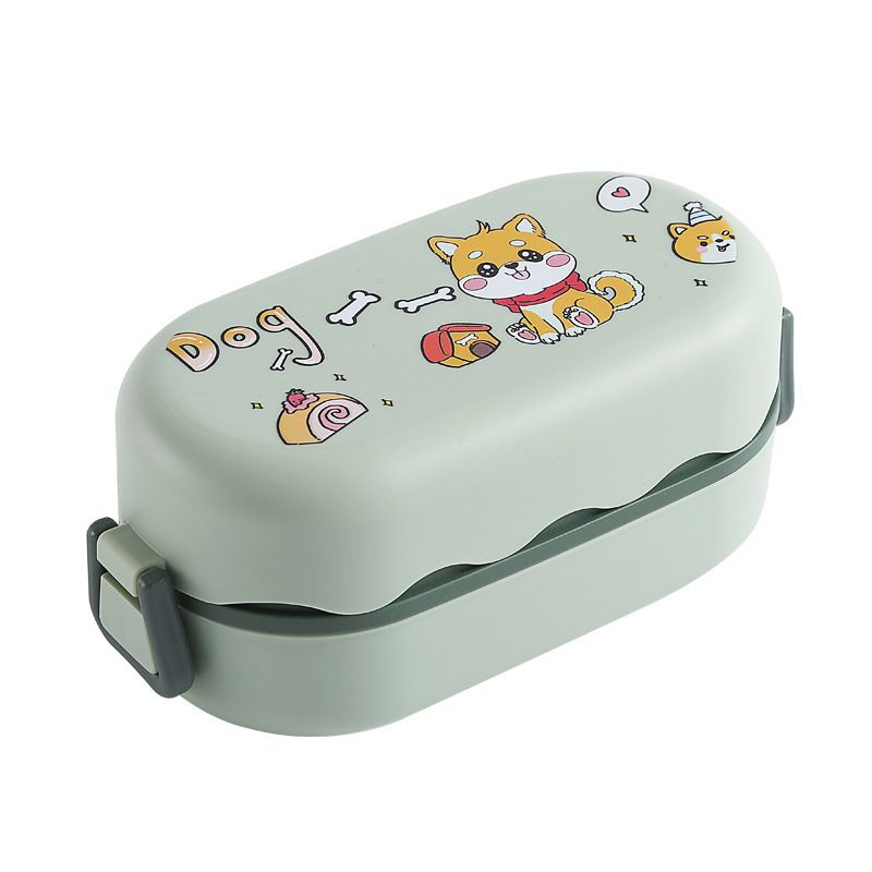 Student Double-Layer Cartoon Puppy Plastic Lunch Box Japanese Style Microwave Safe Lunch Bento Box with Cutlery Kids Food Container