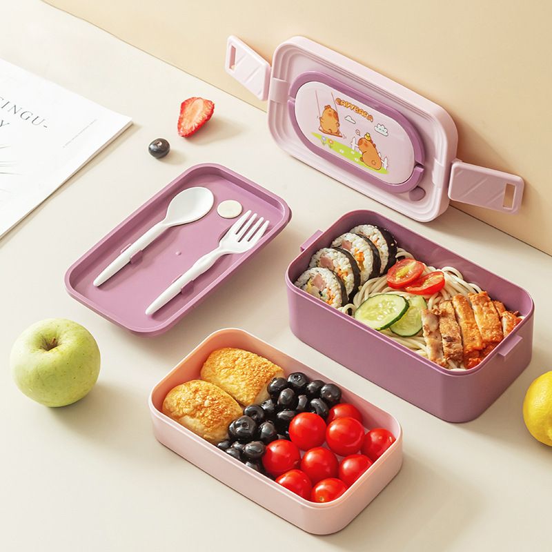 Student Cartoon Plastic Compartment Lunch Box Microwave Safe Heating Lunch Bento Box with Lid Spoon and Fork Cutlery Portable Food Container