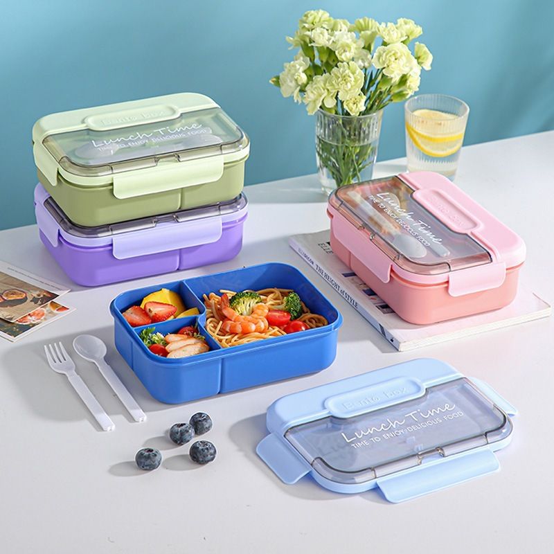 Japanese Style Student Plastic Lunch Box Compartment with Lid Tableware Spoon and Fork Office Worker Lunch Bento Box Microwave Safe