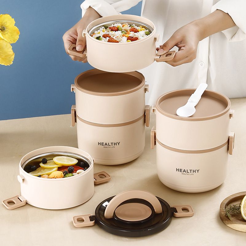 Minimalist 304 Stainless Steel Student Round Bucket Lunch Box Office Worker Portable Multi-Layer Bento Food Container Set