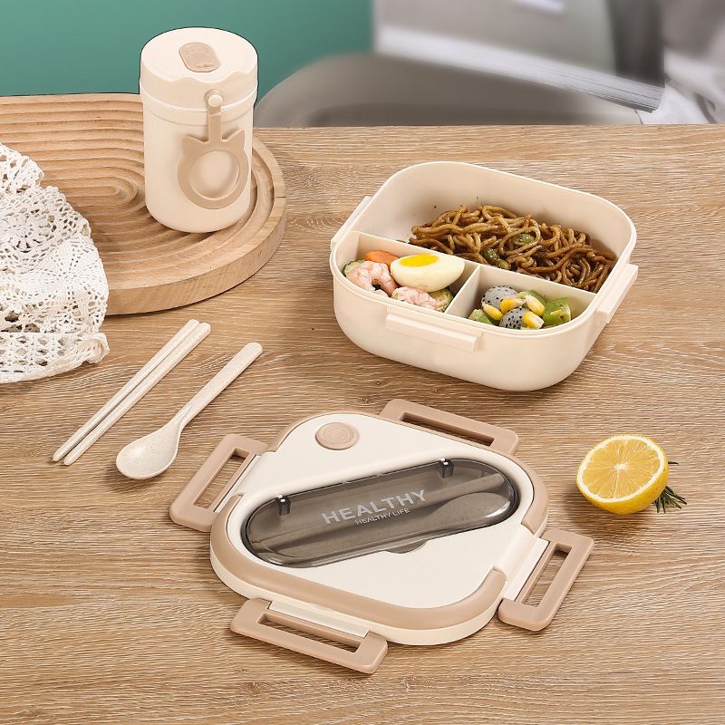 Minimalist Student Japanese Style Compartment Buckle Lunch Bento Box Office Worker Cafeteria Microwave Safe Lunch Box with Handle with Cutlery