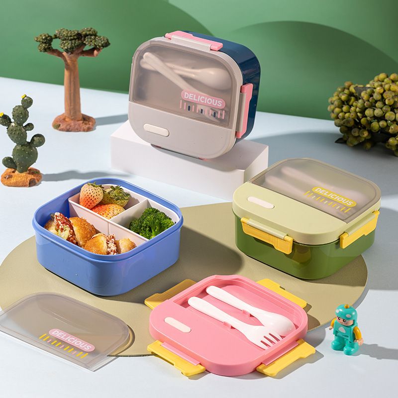 Minimalist Office Worker Square Compartment Plastic Lunch Box with Cutlery Microwave Safe Food Container Water Cup Set
