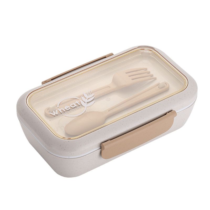 Student Compartment Wheat Lunch Box Microwave Safe Heating Office Worker Lunch Bento Box with Cutlery Water Cup Set