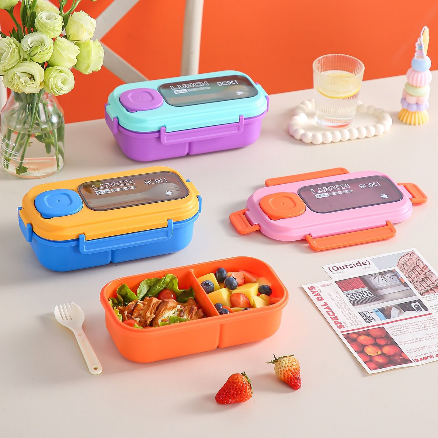 Fiambrera Bento de acero inoxidable 304 al por mayor, recipiente portátil apilable para alimentos
