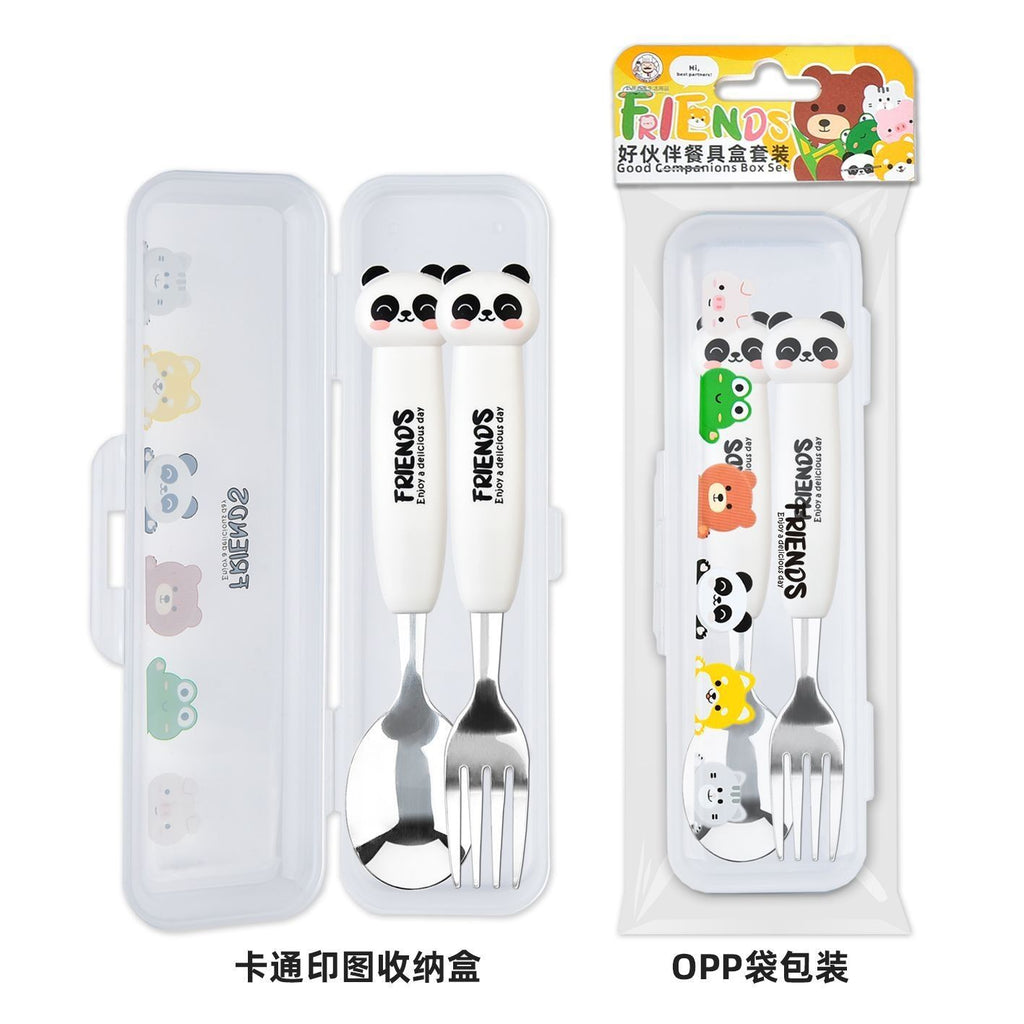 Cartoon Kitten Little Bear Kids Tableware Spoon and Fork Set Creative Gift Box Eating Stainless Steel Travel Portable Pack